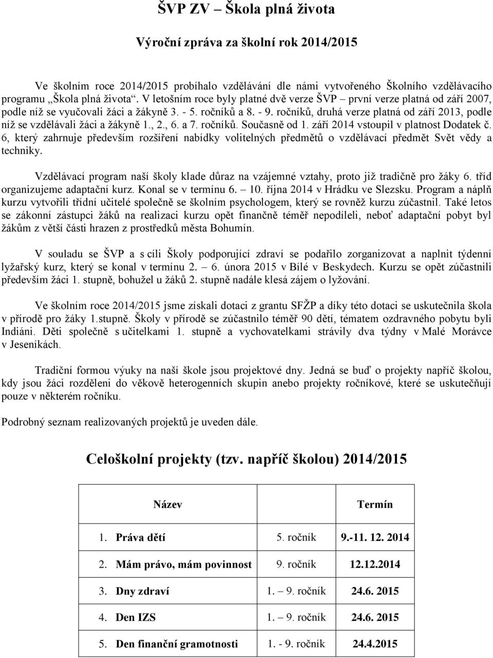 ročníků, druhá verze platná od září 2013, podle níž se vzdělávali žáci a žákyně 1., 2., 6. a 7. ročníků. Současně od 1. září 2014 vstoupil v platnost Dodatek č.