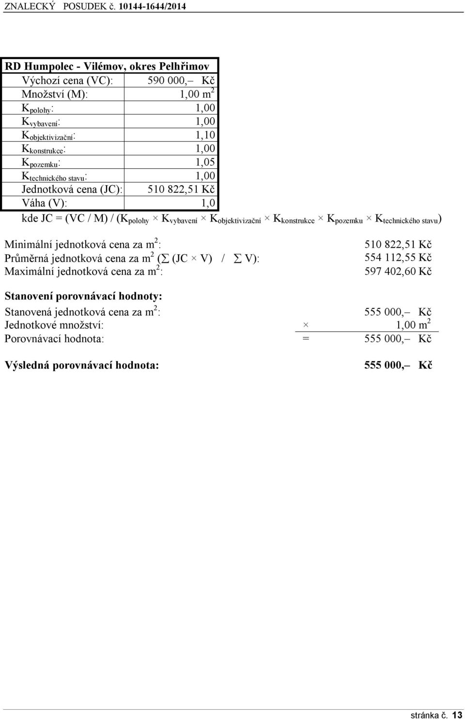 stavu ) Minimální jednotková cena za m 2 : Průměrná jednotková cena za m 2 ( (JC V) / V): Maximální jednotková cena za m 2 : 510 822,51 Kč 554 112,55 Kč 597 402,60 Kč Stanovení