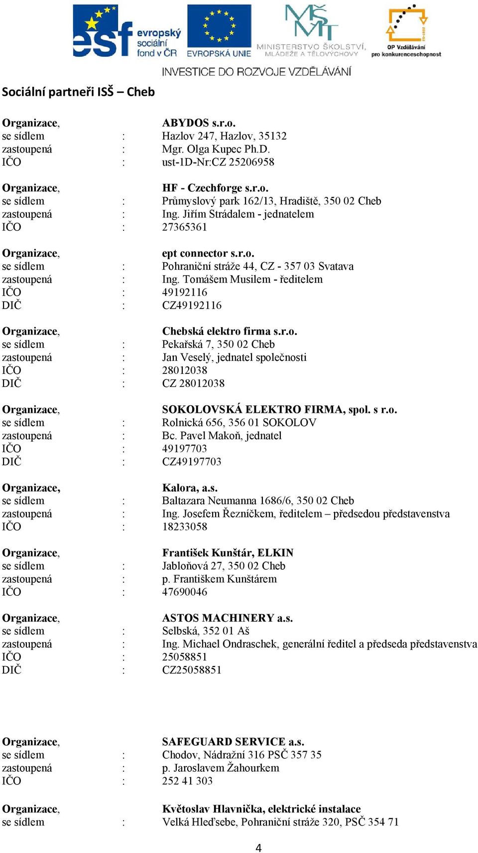 Tomášem Musilem - ředitelem IČO : 49192116 DIČ : CZ49192116 Chebská elektro firma s.r.o. se sídlem : Pekařská 7, 350 02 Cheb zastoupená : Jan Veselý, jednatel společnosti IČO : 28012038 DIČ : CZ 28012038 SOKOLOVSKÁ ELEKTRO FIRMA, spol.