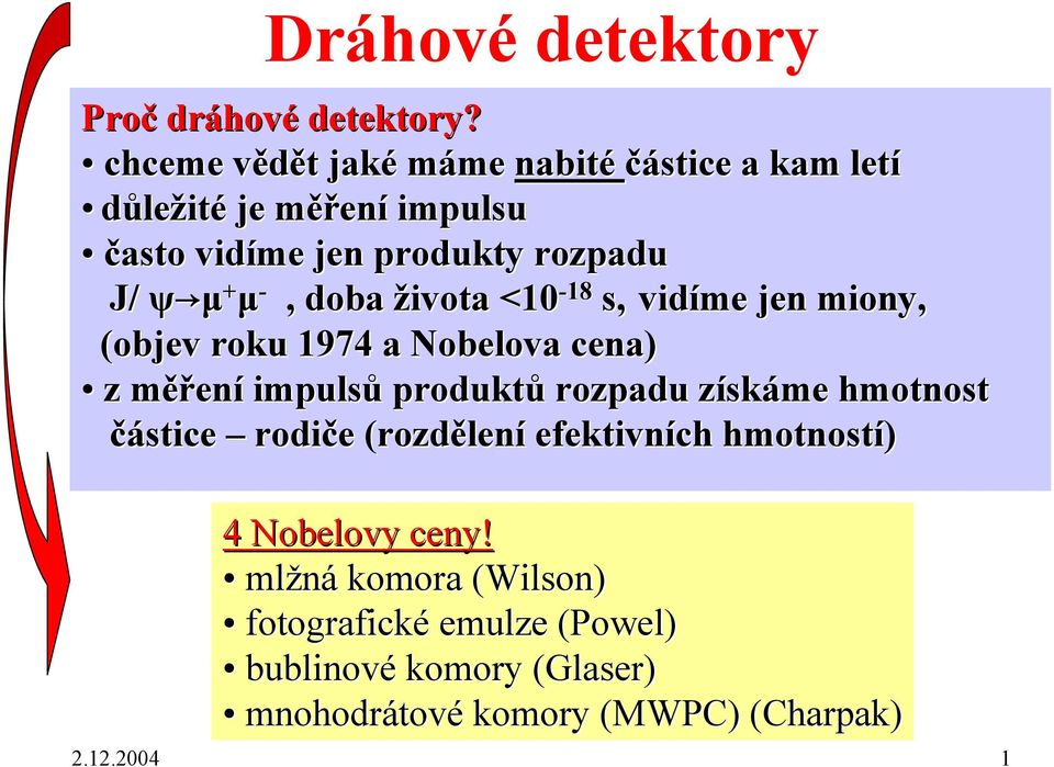 µ -, doba života <10-18 s, vidíme jen miony, (objev roku 1974 a Nobelova cena) z měření impulsů produktů rozpadu