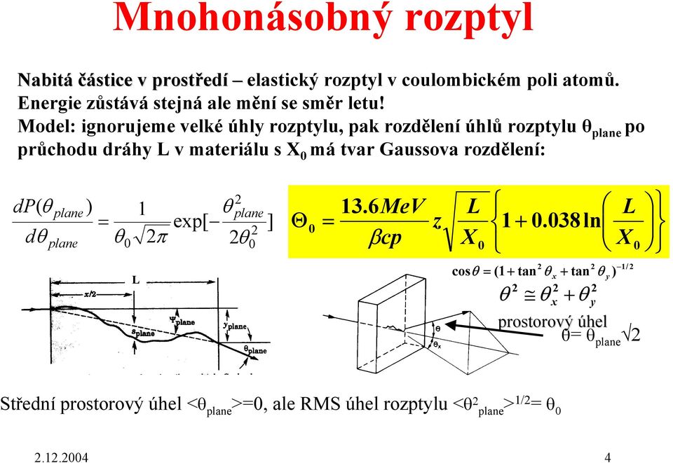 Model: ignorujeme velké úhly rozptylu, pak rozdělení úhlů rozptylu θ plane po průchodu dráhy L v materiálu s X 0 má tvar Gaussova