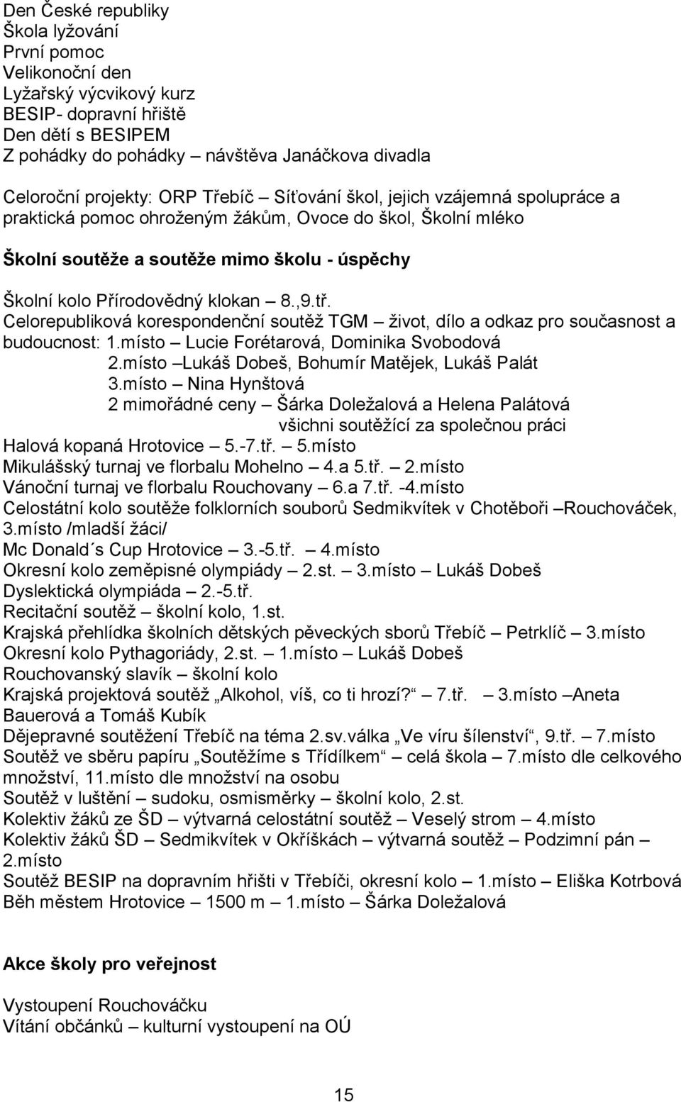 tř. Celorepubliková korespondenční soutěž TGM život, dílo a odkaz pro současnost a budoucnost: 1.místo Lucie Forétarová, Dominika Svobodová 2.místo Lukáš Dobeš, Bohumír Matějek, Lukáš Palát 3.