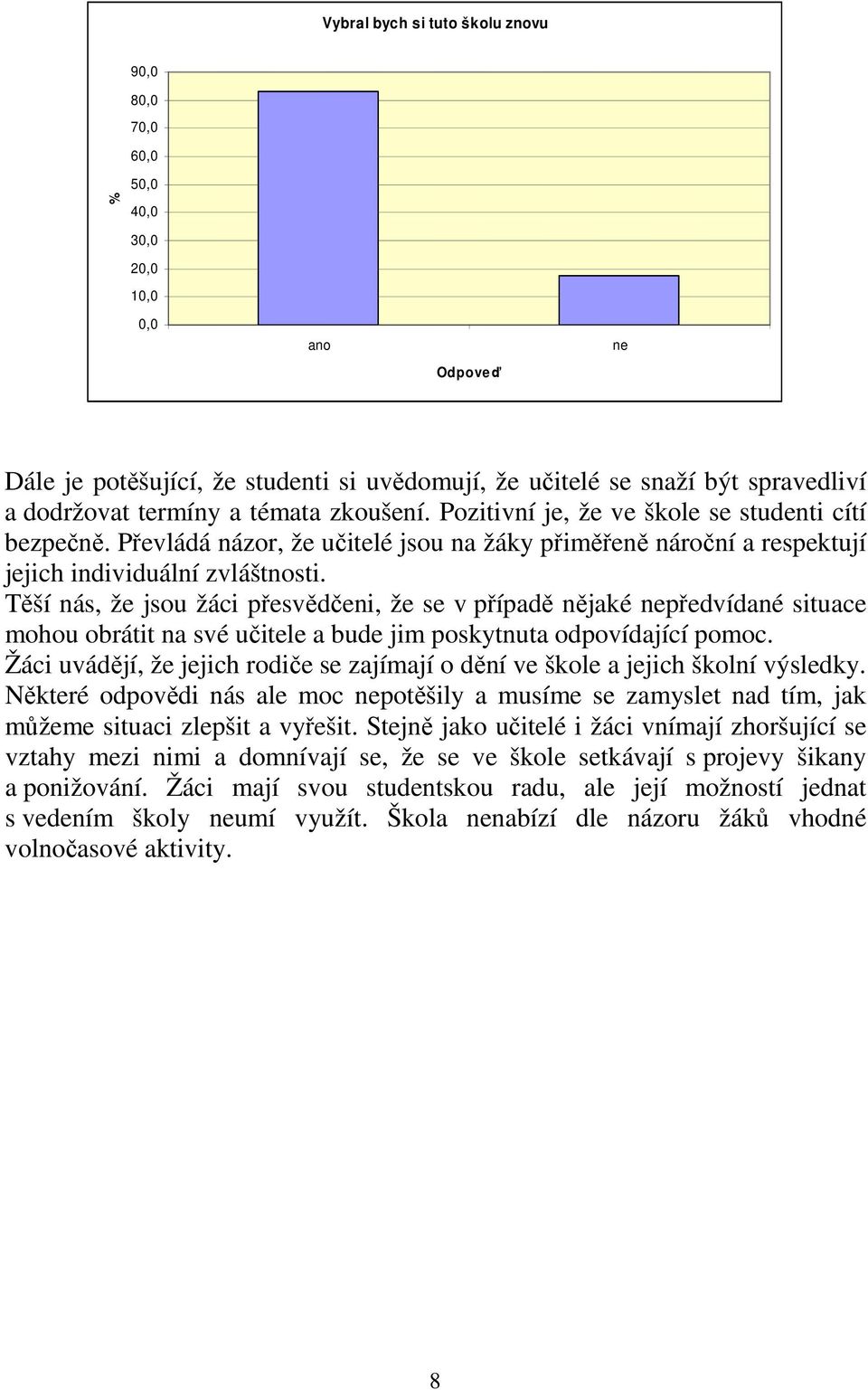 Těší nás, že jsou žáci přesvědčeni, že se v případě nějaké nepředvídané situace mohou obrátit na své učitele a bude jim poskytnuta odpovídající pomoc.