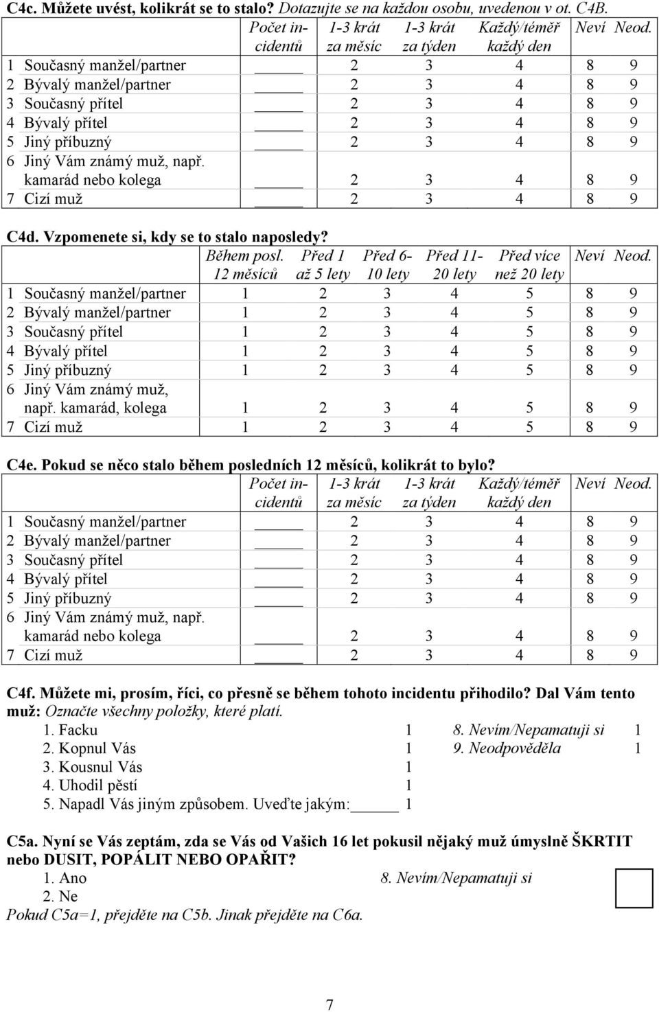 příbuzný 1 2 3 4 5 8 9 6 Jiný Vám známý muž, např. kamarád, kolega 1 2 3 4 5 8 9 7 Cizí muž 1 2 3 4 5 8 9 C4e. Pokud se něco stalo během posledních 12 měsíců, kolikrát to bylo? C4f.
