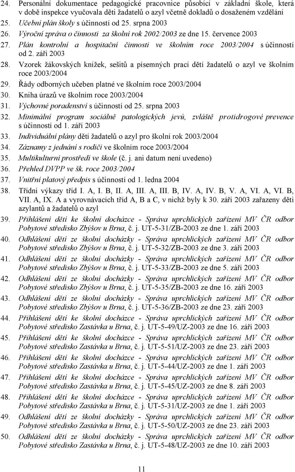 Plán kontrolní a hospitační činnosti ve školním roce 2003/2004 s účinností od 2. září 2003 28. Vzorek žákovských knížek, sešitů a písemných prací dětí žadatelů o azyl ve školním roce 2003/2004 29.