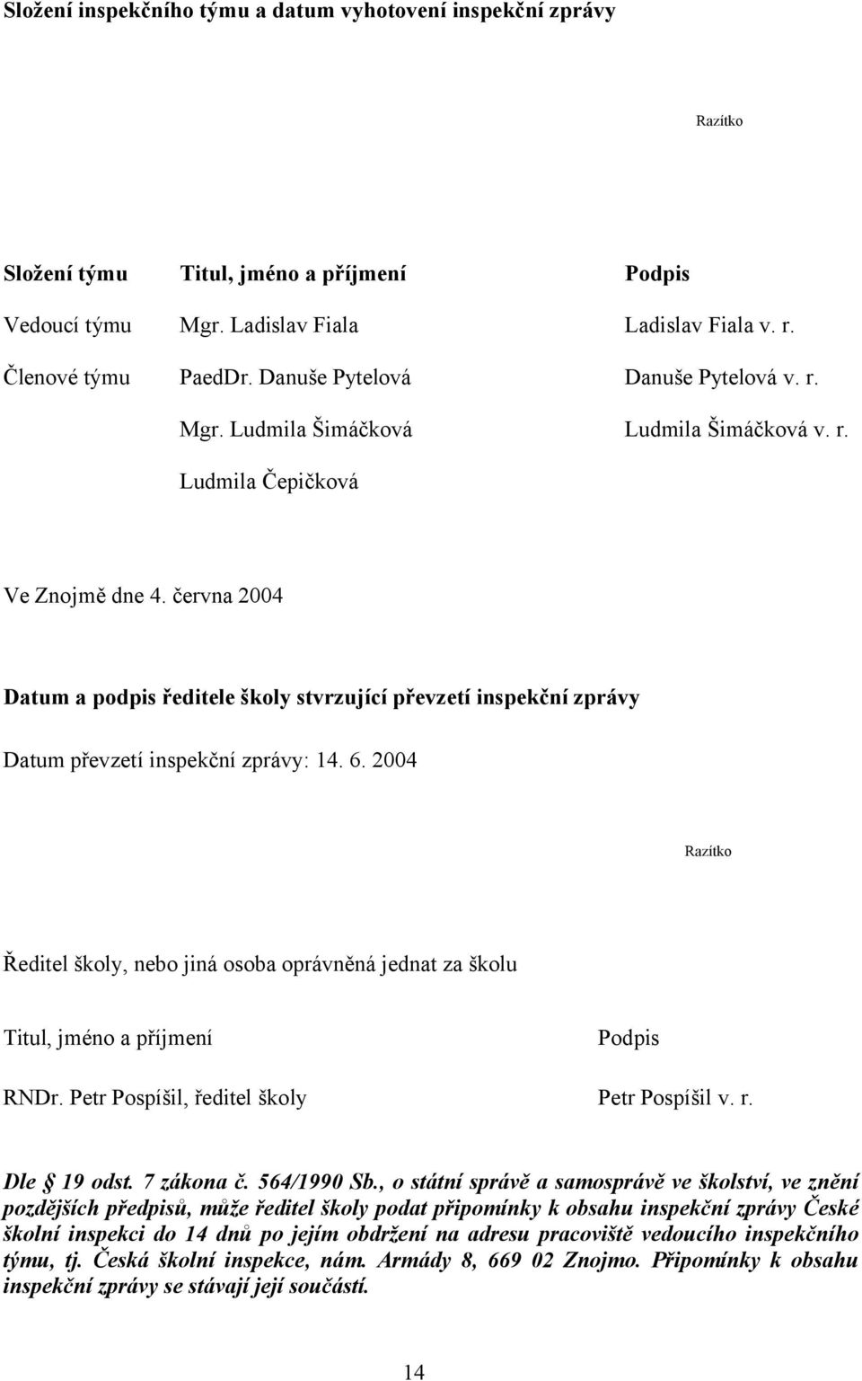 června 2004 Datum a podpis ředitele školy stvrzující převzetí inspekční zprávy Datum převzetí inspekční zprávy: 14. 6.