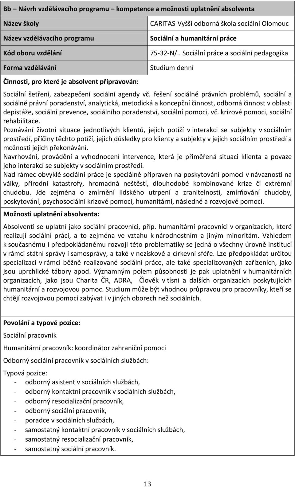 řešení sociálně právních problémů, sociální a sociálně právní poradenství, analytická, metodická a koncepční činnost, odborná činnost v oblasti depistáže, sociální prevence, sociálního poradenství,