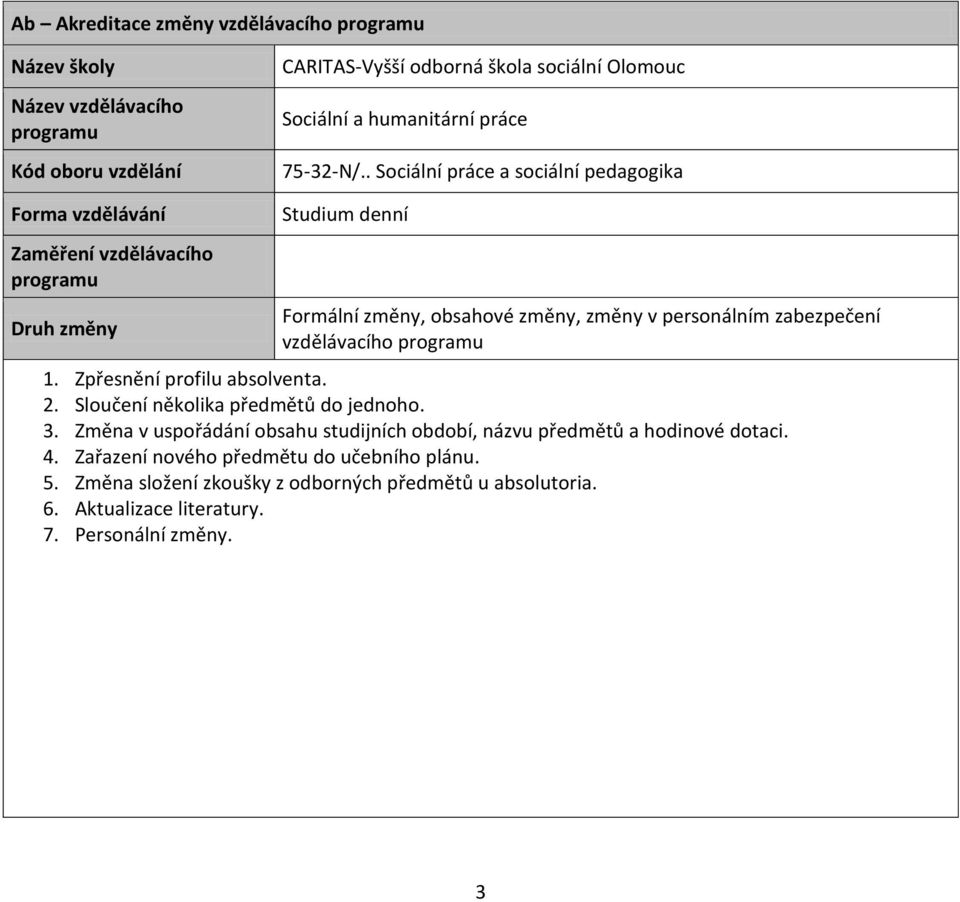 . Sociální práce a sociální pedagogika Forma vzdělávání Zaměření vzdělávacího programu Druh změny Studium denní Formální změny, obsahové změny, změny v personálním