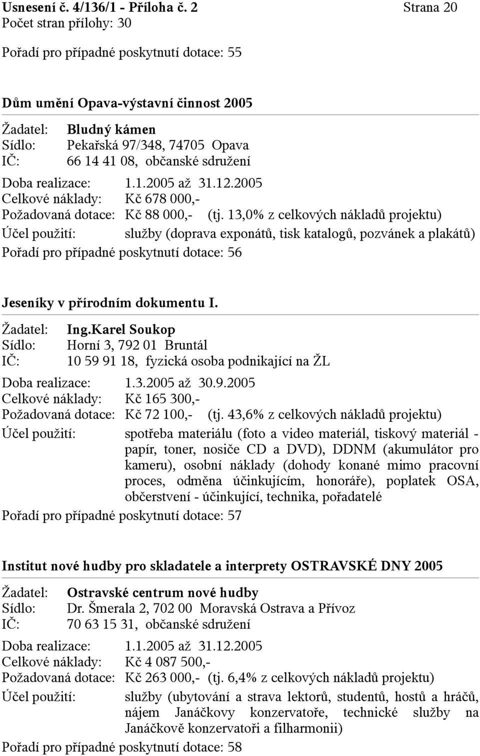 2005 Celkové náklady: Kč 678 000,- Požadovaná dotace: Kč 88 000,- (tj.