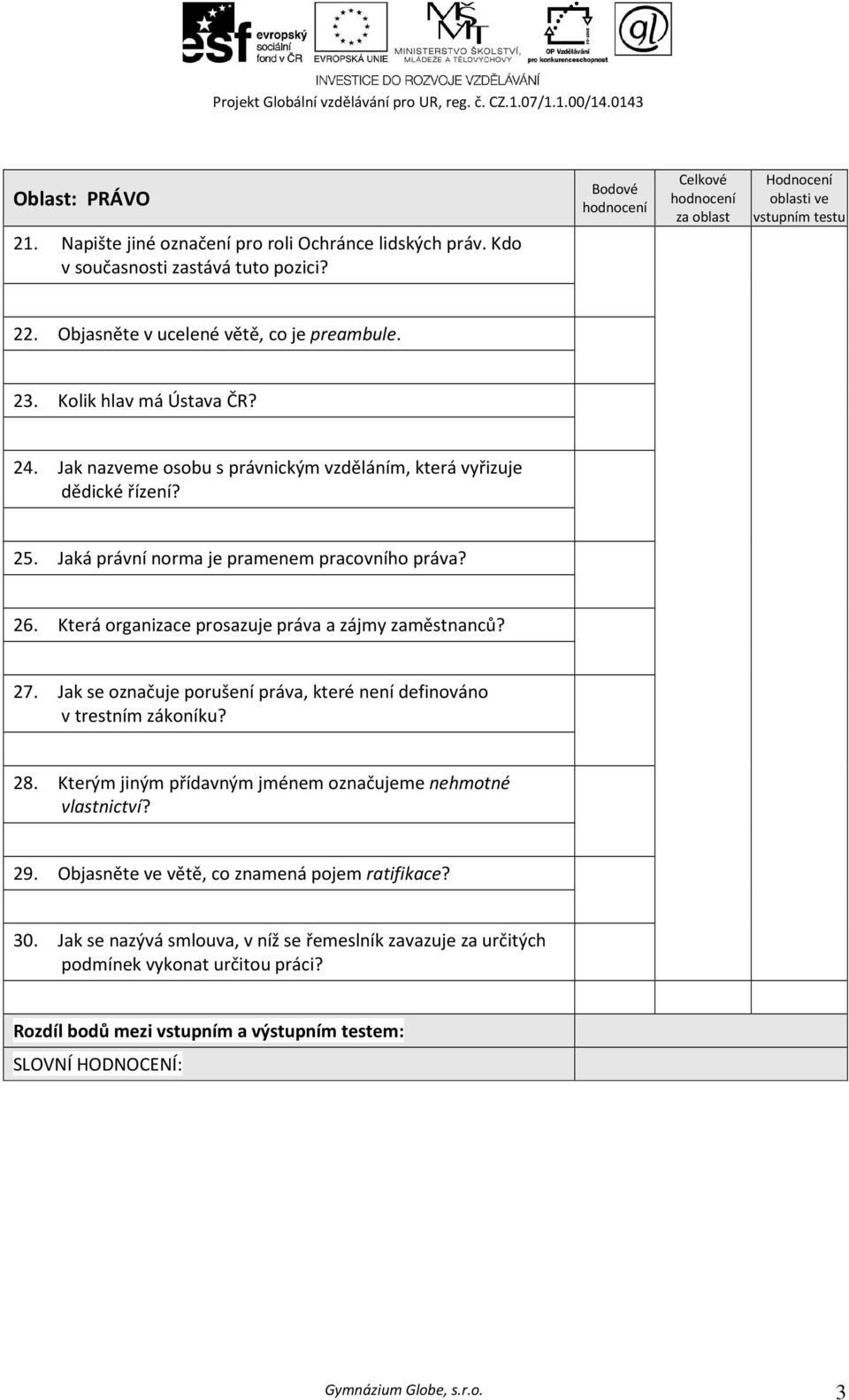 Která organizace prosazuje práva a zájmy zaměstnanců? 27. Jak se označuje porušení práva, které není definováno v trestním zákoníku? 28.