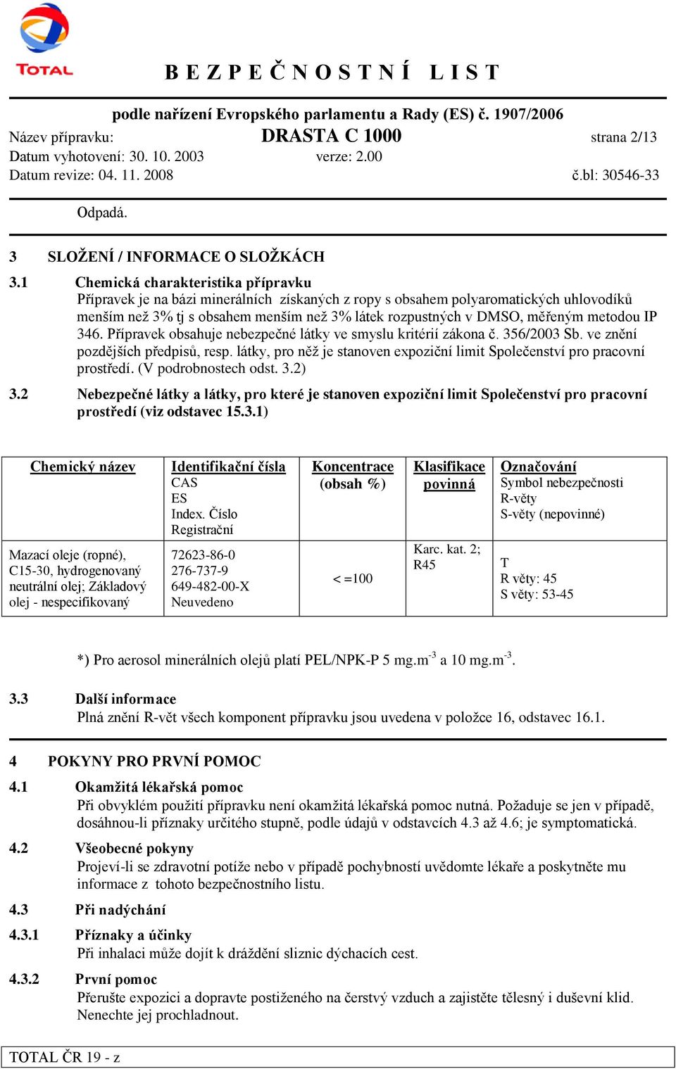 metodou IP 346. Přípravek obsahuje nebezpečné látky ve smyslu kritérií zákona č. 356/2003 Sb. ve znění pozdějších předpisů, resp.