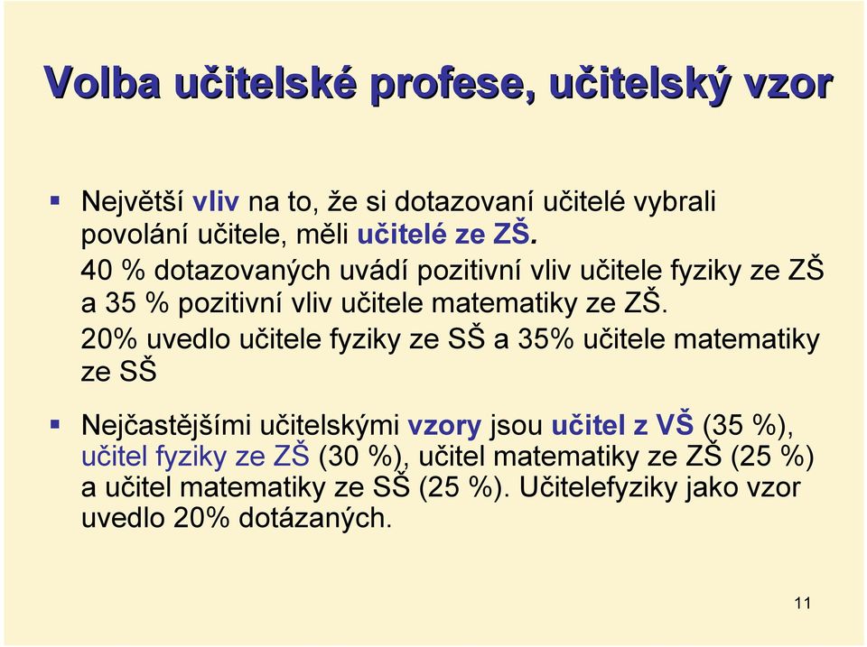 20% uvedlo učitele fyziky ze SŠ a 35% učitele matematiky ze SŠ Nejčastějšími učitelskými vzory jsou učitel z VŠ (35 %), učitel