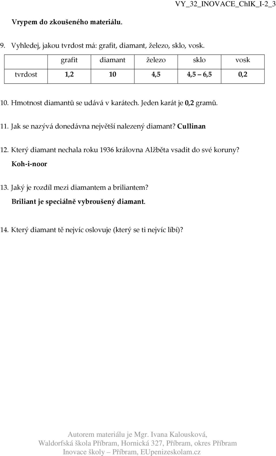 11. Jak se nazývá donedávna největší nalezený diamant? Cullinan 12.