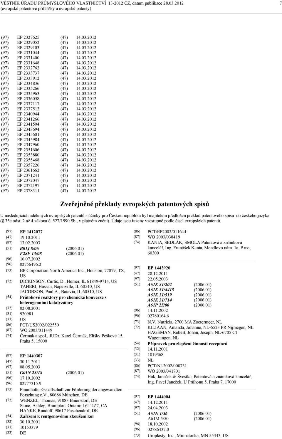 Zveřejněné překlady evropských patentových spisů U následujících udělených evropských patentů s účinky pro Českou republiku byl majitelem předložen překlad patentového spisu do českého jazyka ( 35c