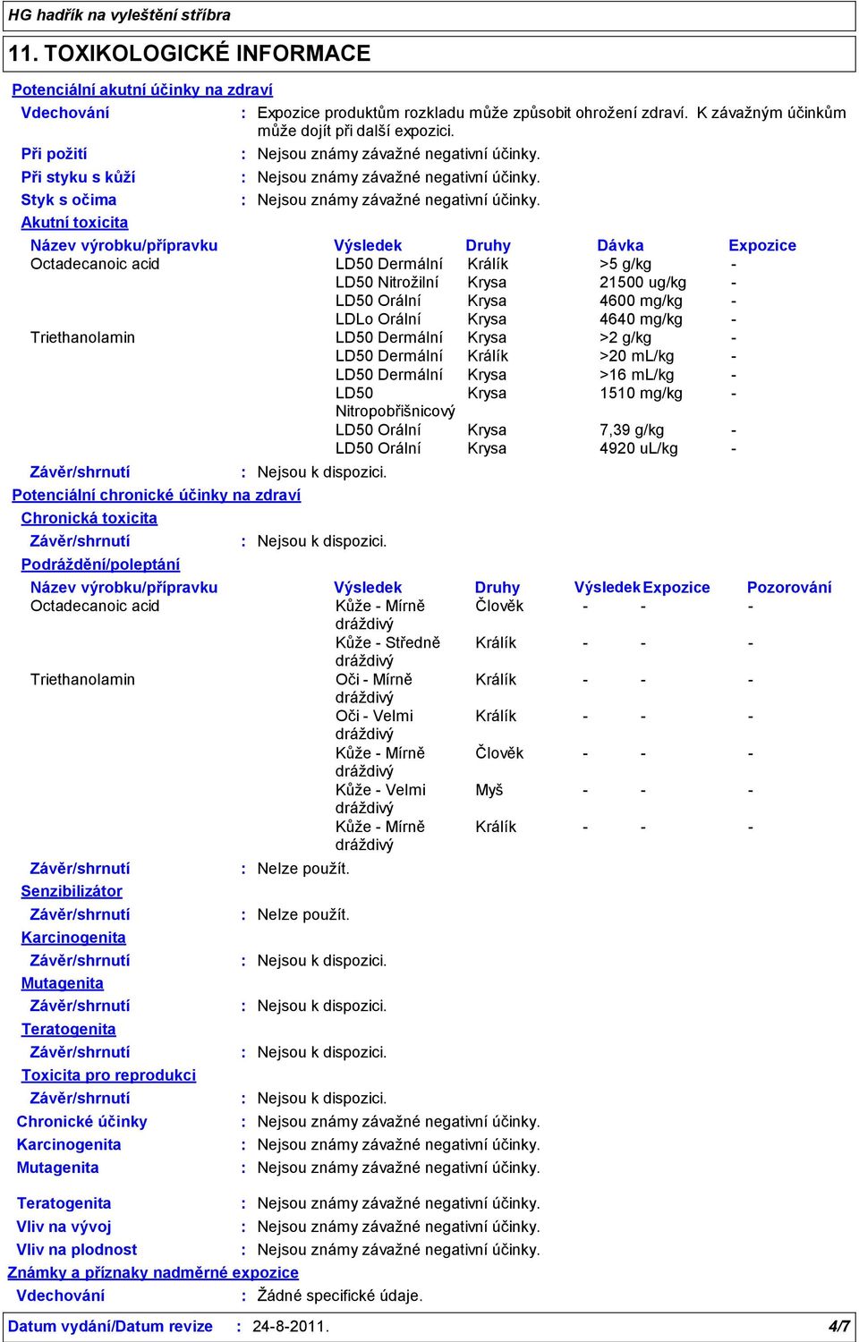 Název výrobku/přípravku Výsledek Druhy Dávka Expozice Octadecanoic acid LD50 Dermální Králík >5 g/kg LD50 Nitrožilní Krysa 21500 ug/kg LD50 Orální Krysa 4600 mg/kg LDLo Orální Krysa 4640 mg/kg