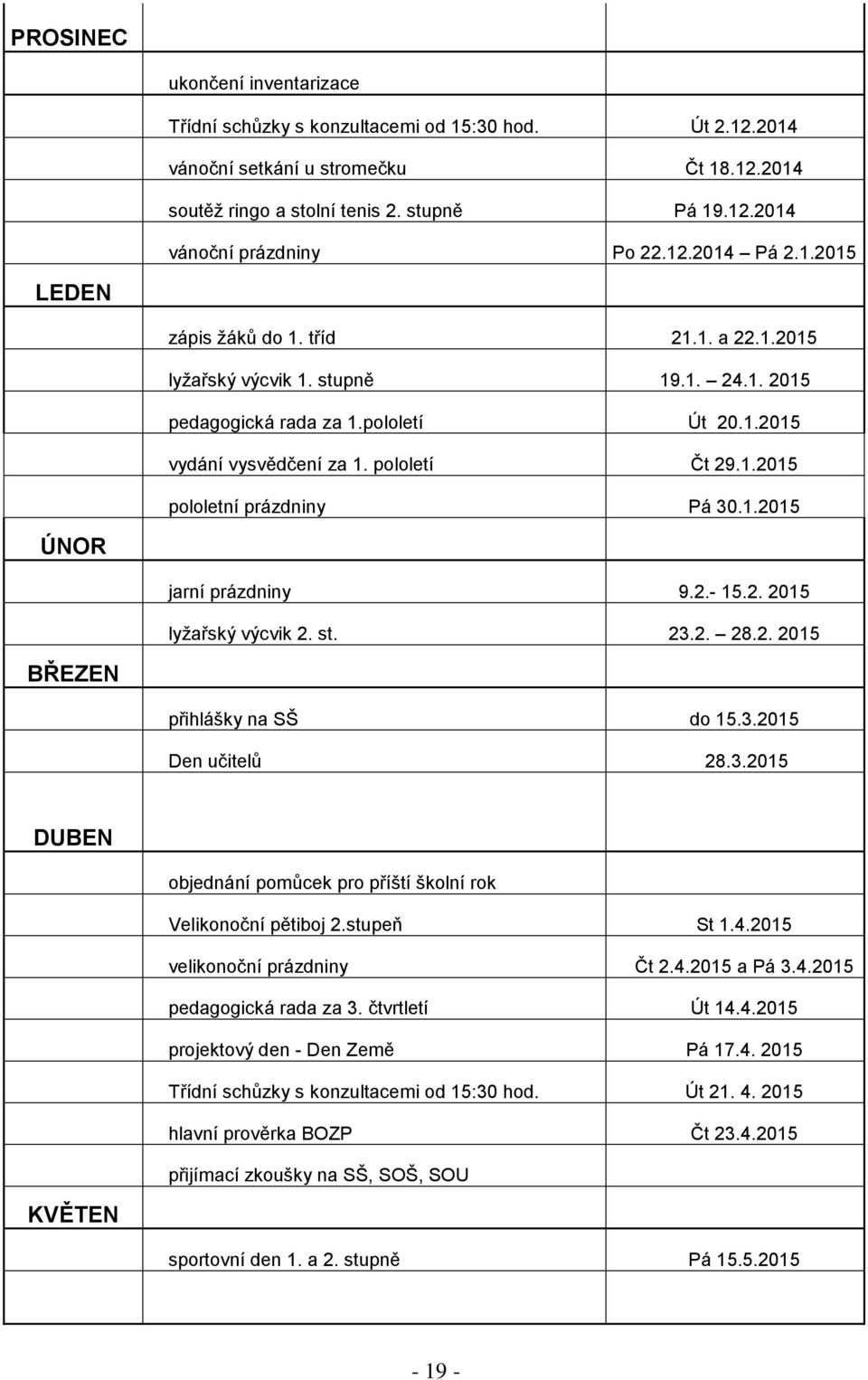 1.2015 ÚNOR jarní prázdniny 9.2.- 15.2. 2015 lyžařský výcvik 2. st. 23.2. 28.2. 2015 BŘEZEN přihlášky na SŠ do 15.3.2015 Den učitelů 28.3.2015 DUBEN objednání pomůcek pro příští školní rok Velikonoční pětiboj 2.