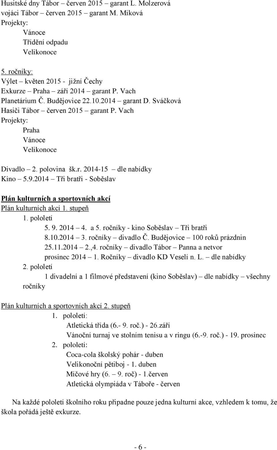 Vach Projekty: Praha Vánoce Velikonoce Divadlo 2. polovina šk.r. 2014-15 dle nabídky Kino 5.9.2014 Tři bratři - Soběslav Plán kulturních a sportovních akcí Plán kulturních akcí 1. stupeň 1.