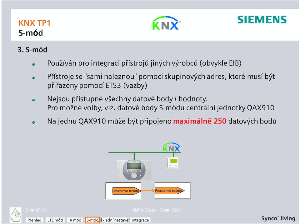 skupinových adres, které musí být přiřazeny pomocí ETS3 (vazby) Nejsou přístupné všechny datové body /