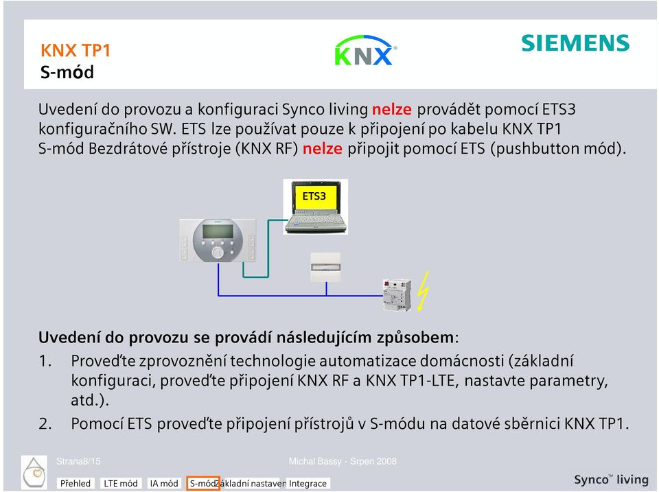 ETS3 Uvedení do provozu se provádí následujícím způsobem: 1.