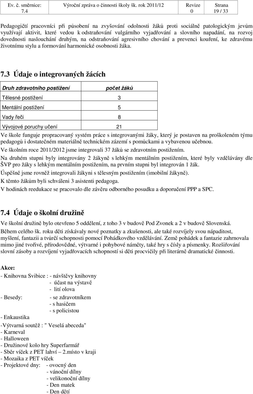 3 Údaje o integrovaných žácích Druh zdravotního postižení počet žáků Tělesné postižení 3 Mentální postižení 5 Vady řeči 8 Vývojové poruchy učení 21 Ve škole funguje propracovaný systém práce s