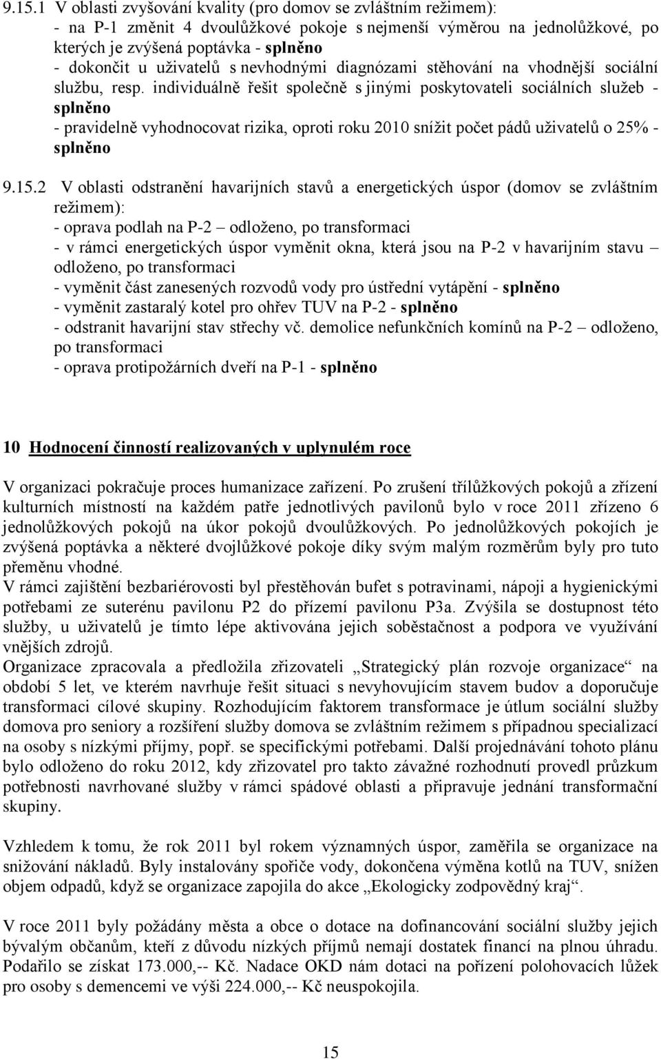 individuálně řešit společně s jinými poskytovateli sociálních služeb - splněno - pravidelně vyhodnocovat rizika, oproti roku 2010 snížit počet pádů uživatelů o 25% - splněno 9.15.