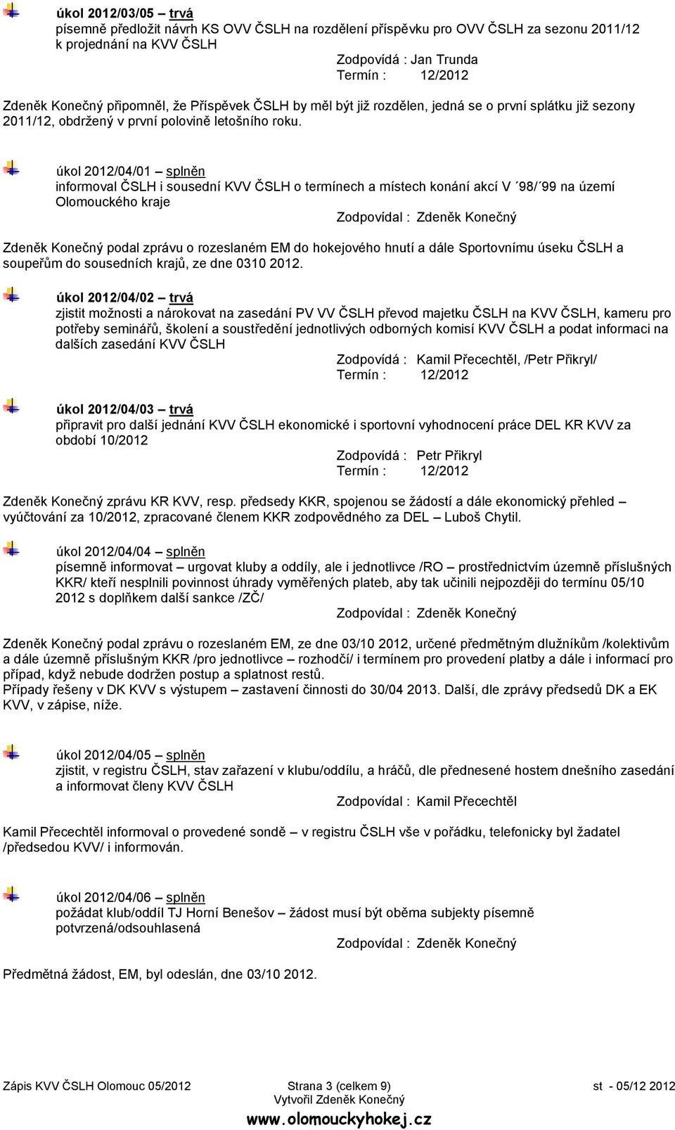 úkol 2012/04/01 splněn informoval ČSLH i sousední KVV ČSLH o termínech a místech konání akcí V 98/ 99 na území Olomouckého kraje Zdeněk Konečný podal zprávu o rozeslaném EM do hokejového hnutí a dále