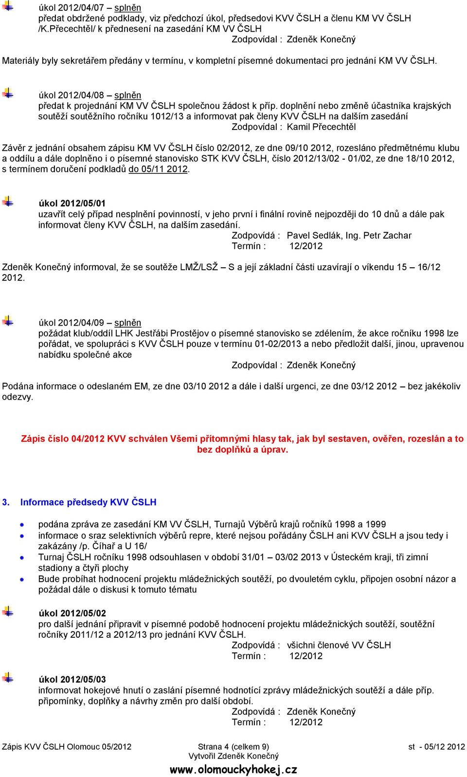 úkol 2012/04/08 splněn předat k projednání KM VV ČSLH společnou žádost k příp.