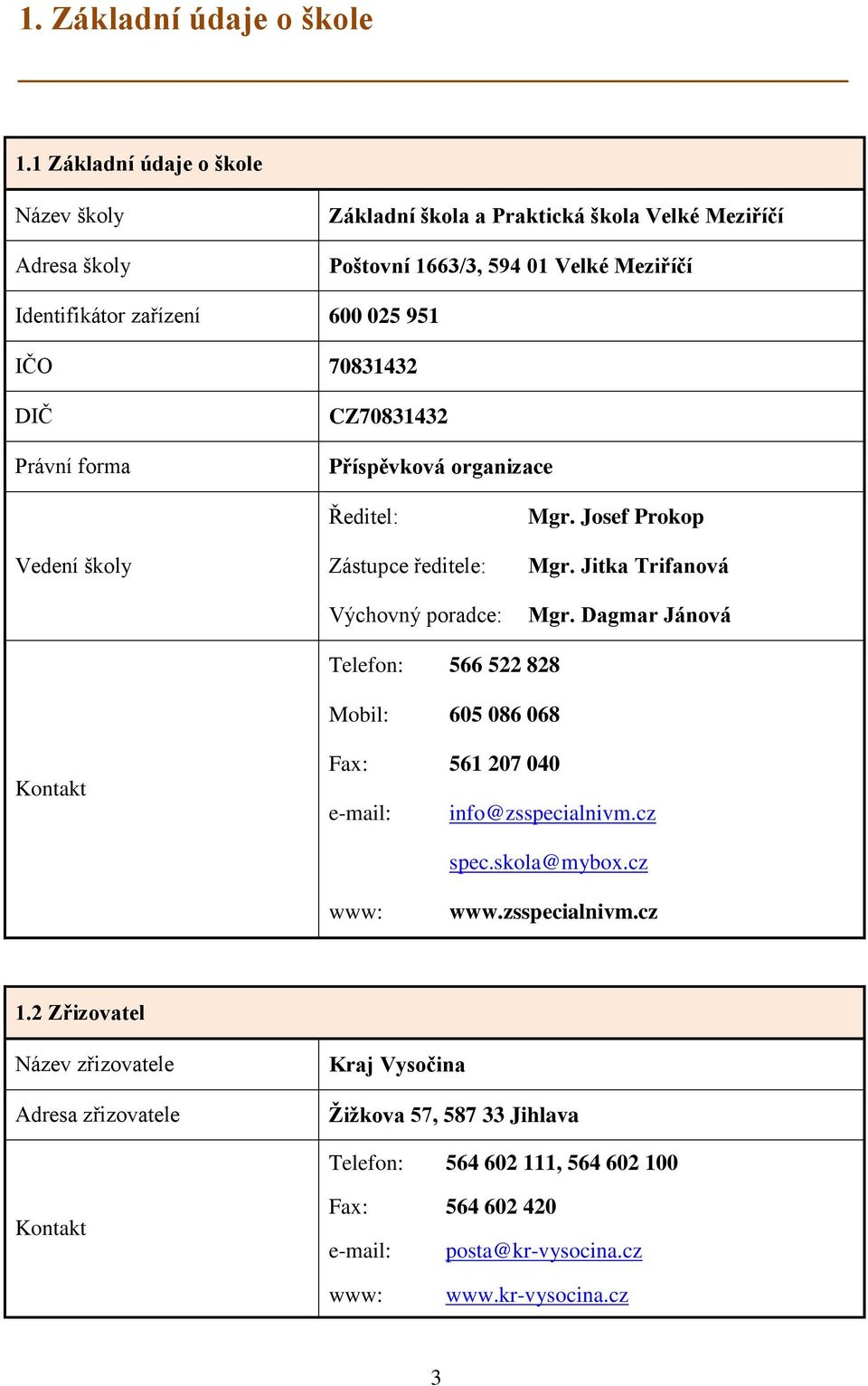 70831432 DIČ Právní forma CZ70831432 Příspěvková organizace Vedení školy Ředitel: Zástupce ředitele: Výchovný poradce: Mgr. Josef Prokop Mgr. Jitka Trifanová Mgr.