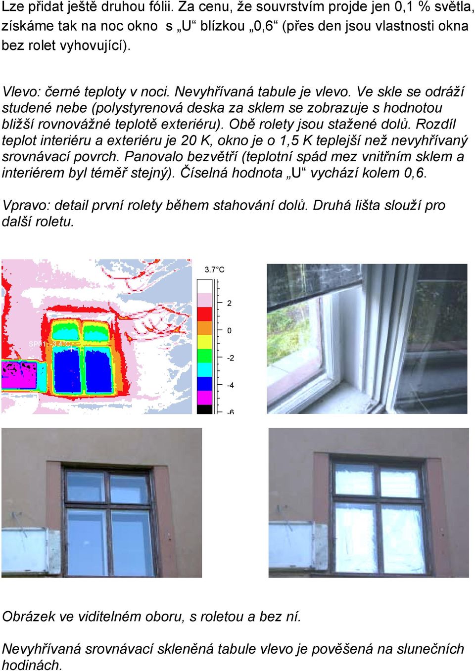 Obě rolety jsou stažené dolů. Rozdíl teplot interiéru a exteriéru je 20 K, okno je o 1,5 K teplejší než nevyhřívaný srovnávací povrch.