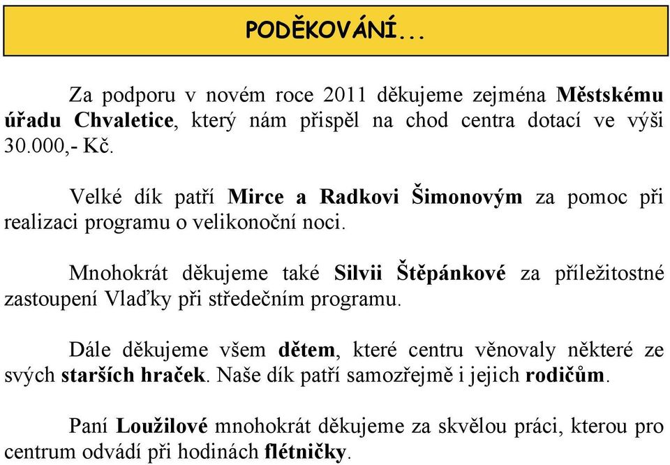 Mnohokrát děkujeme také Silvii Štěpánkové za příležitostné zastoupení Vlaďky při středečním programu.