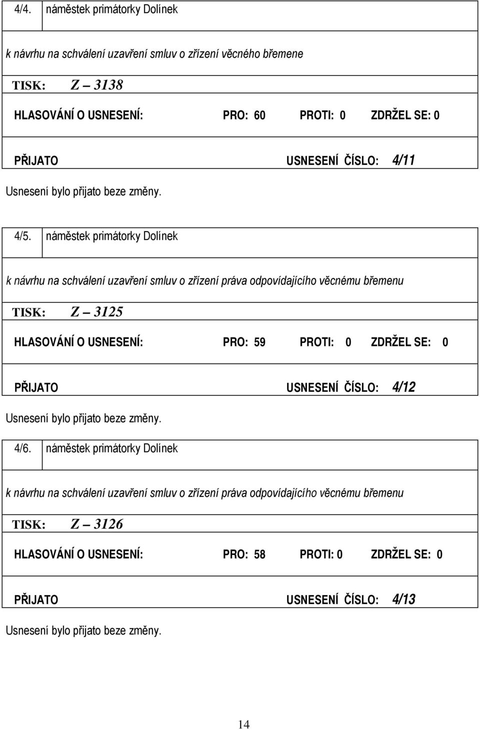 náměstek primátorky Dolínek k návrhu na schválení uzavření smluv o zřízení práva odpovídajícího věcnému břemenu TISK: Z 3125 HLASOVÁNÍ O USNESENÍ: PRO: