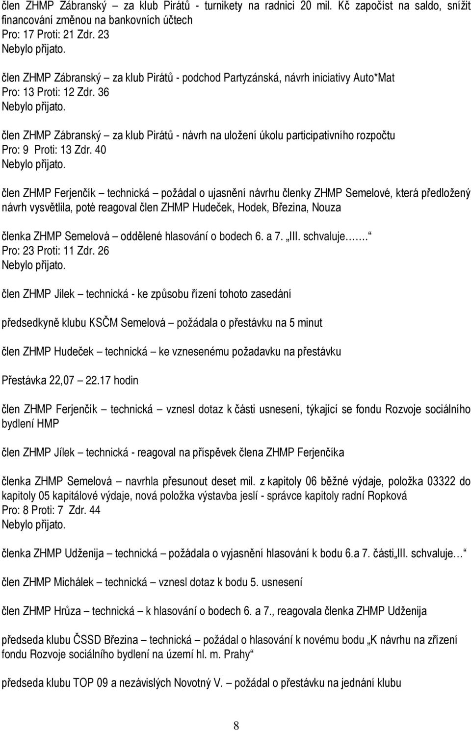 36 člen ZHMP Zábranský za klub Pirátů - návrh na uložení úkolu participativního rozpočtu Pro: 9 Proti: 13 Zdr.