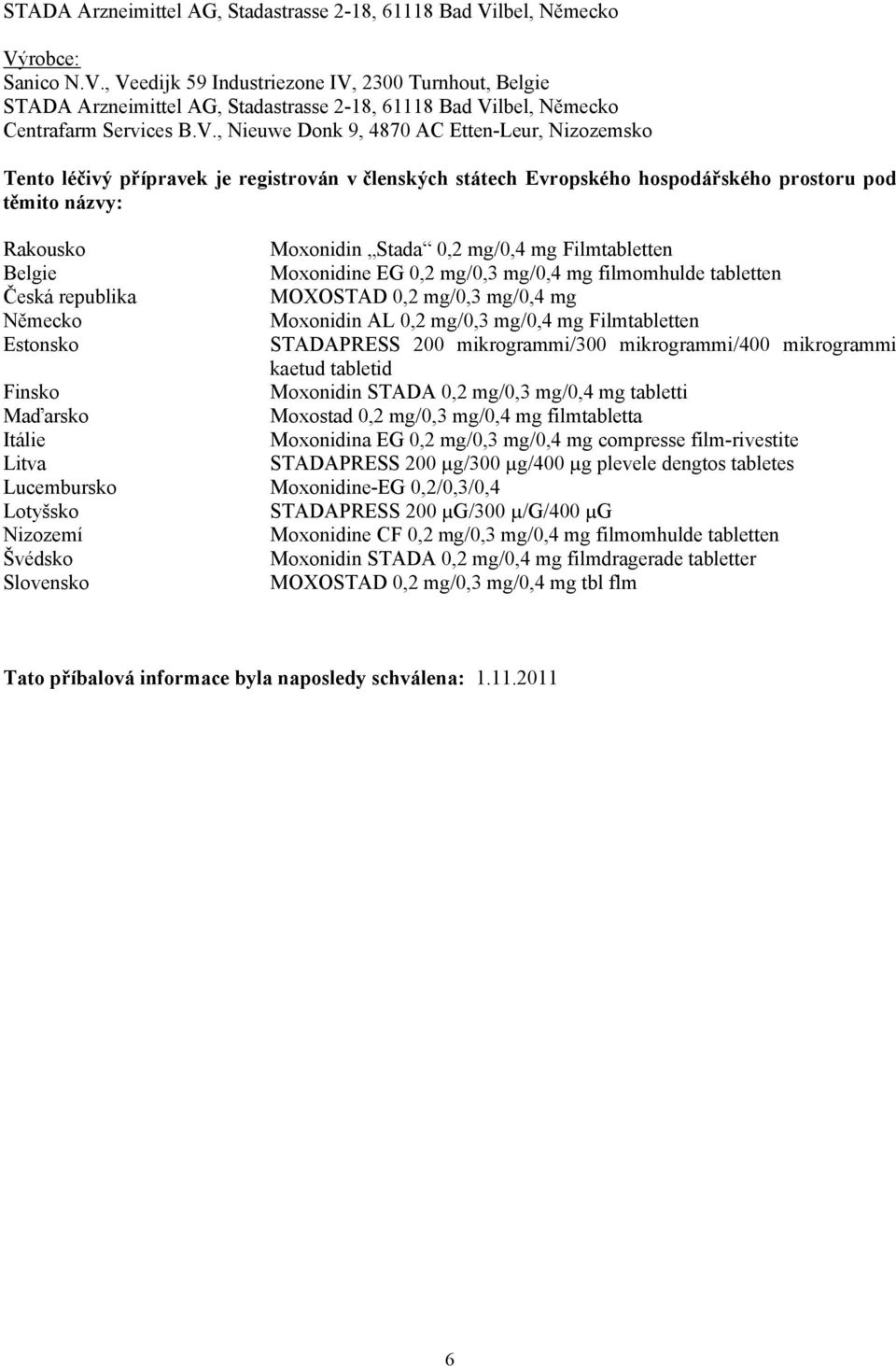 Filmtabletten Belgie Moxonidine EG 0,2 mg/0,3 mg/0,4 mg filmomhulde tabletten Česká republika MOXOSTAD 0,2 mg/0,3 mg/0,4 mg Německo Moxonidin AL 0,2 mg/0,3 mg/0,4 mg Filmtabletten Estonsko STADAPRESS