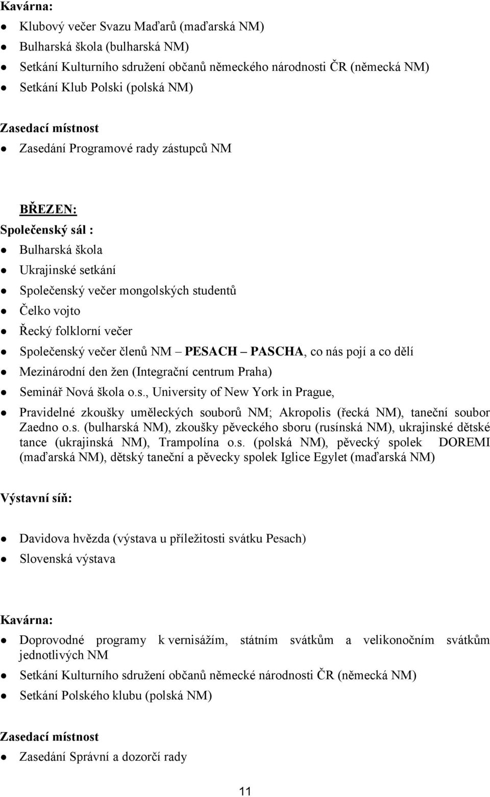 členů NM PESACH PASCHA, co nás pojí a co dělí Mezinárodní den žen (Integrační centrum Praha) Seminář Nová škola o.s., University of New York in Prague, Pravidelné zkoušky uměleckých souborů NM; Akropolis (řecká NM), taneční soubor Zaedno o.