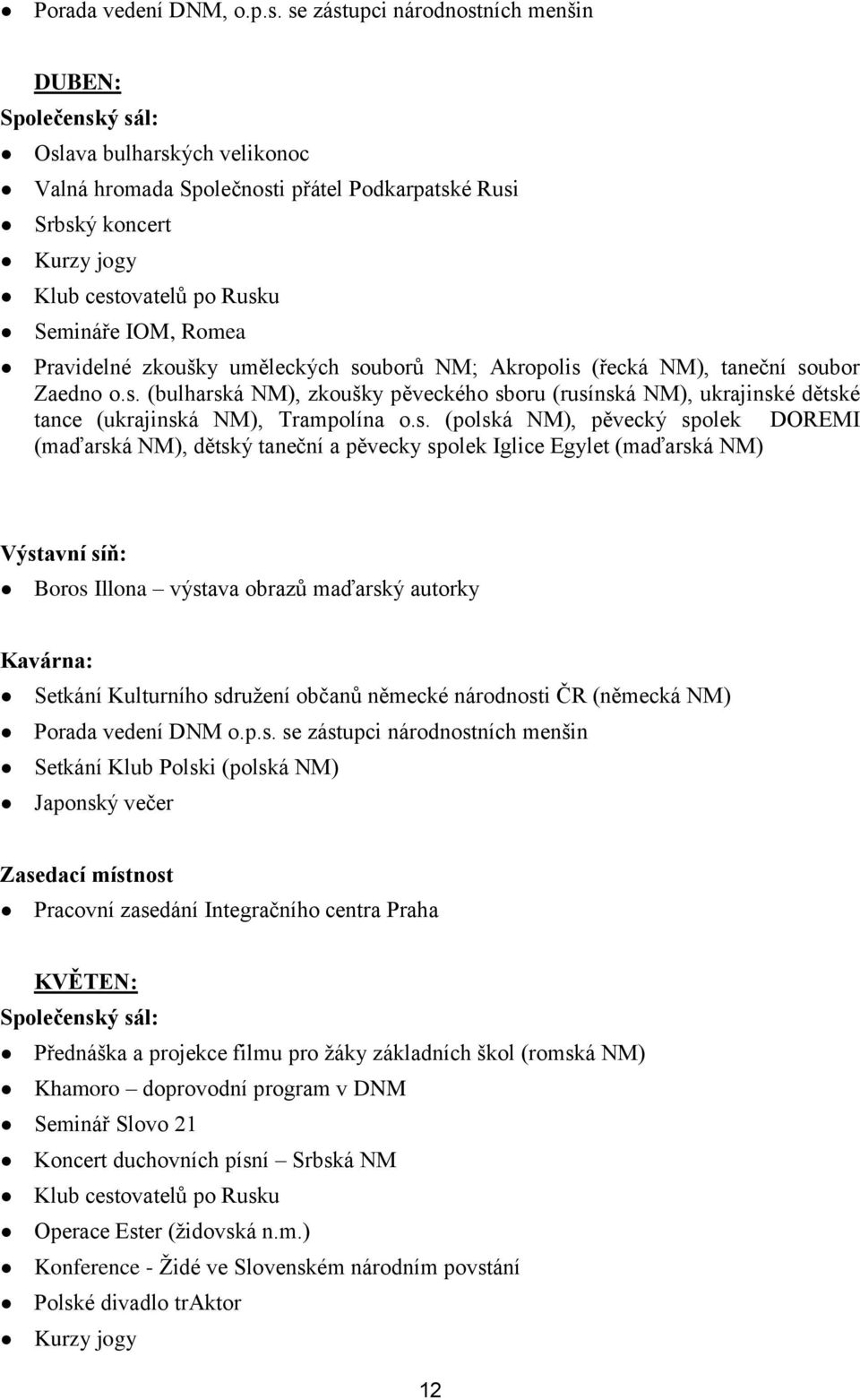 IOM, Romea Pravidelné zkoušky uměleckých souborů NM; Akropolis (řecká NM), taneční soubor Zaedno o.s. (bulharská NM), zkoušky pěveckého sboru (rusínská NM), ukrajinské dětské tance (ukrajinská NM), Trampolína o.