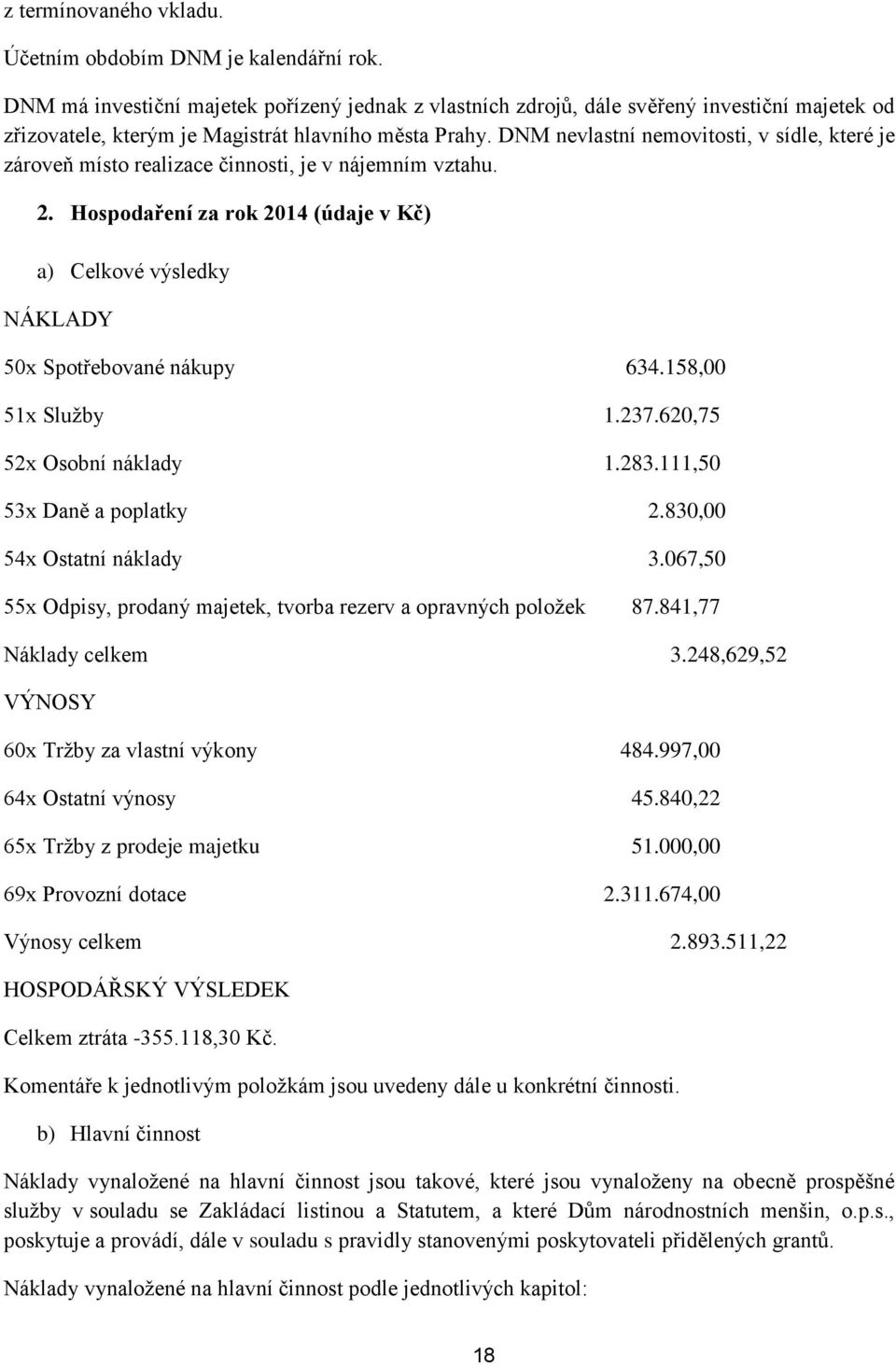 DNM nevlastní nemovitosti, v sídle, které je zároveň místo realizace činnosti, je v nájemním vztahu. 2. Hospodaření za rok 2014 (údaje v Kč) a) Celkové výsledky NÁKLADY 50x Spotřebované nákupy 634.