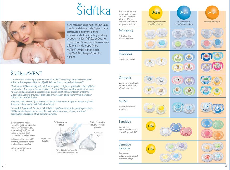 odpočívalo. AVENT vyrábí šidítka podle nejpřísnějších bezpečnostních norem. Šidítka AVENT jsou k dispozici v rozsahu od 0 do 18 měsíců. Vždy používejte pro vaše dítě šidítko ve správné velikosti.