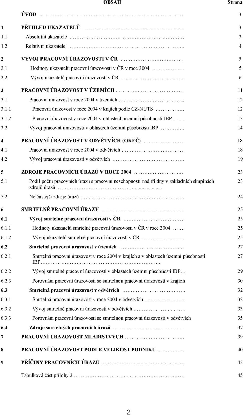 . 13 3.2 Vývoj pracovní úrazovosti v oblastech územní působnosti IBP.. 14 4 PRACOVNÍ ÚRAZOVOST V ODVĚTVÍCH (OKEČ) 18 4.1 Pracovní úrazovost v roce 2004 v odvětvích. 18 4.2 Vývoj pracovní úrazovosti v odvětvích 19 5 ZDROJE PRACOVNÍCH ÚRAZŮ V ROCE 2004.