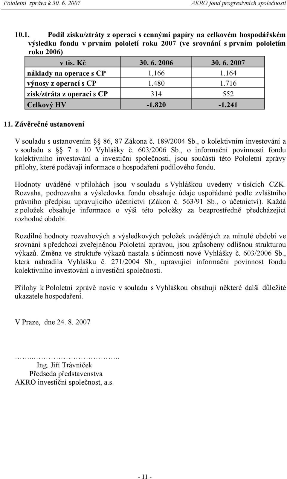 Závěrečné ustanovení V souladu s ustanovením 86, 87 Zákona č. 189/2004 Sb., o kolektivním investování a v souladu s 7 a 10 Vyhlášky č. 603/2006 Sb.