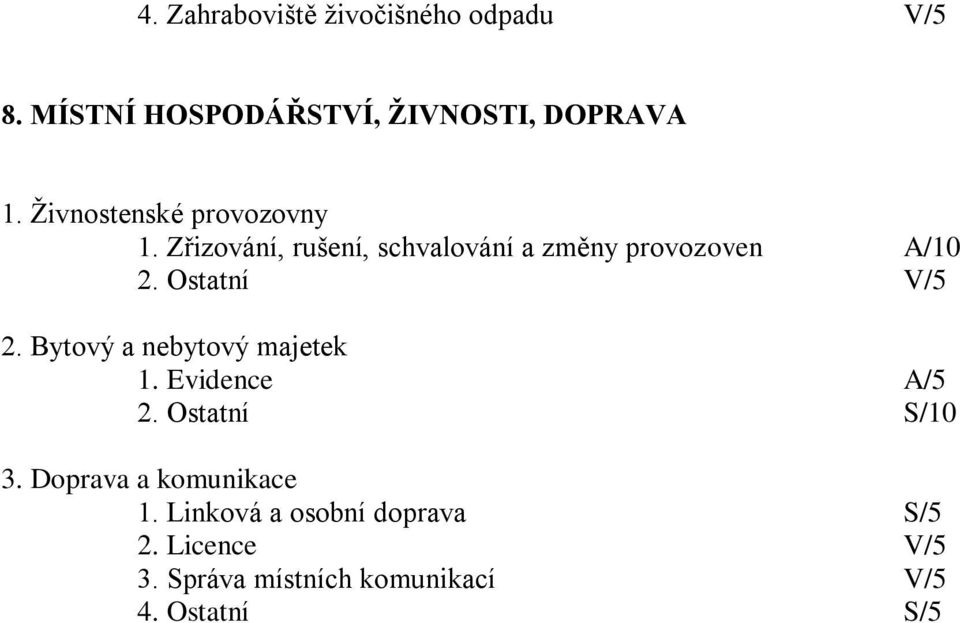 Ostatní V/5 2. Bytový a nebytový majetek 1. Evidence A/5 2. Ostatní S/10 3.