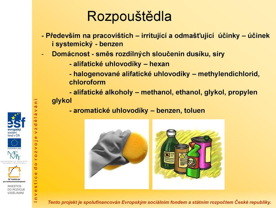 uhlovodíky hexan - halogenované alifatické uhlovodíky methylendichlorid, chloroform -