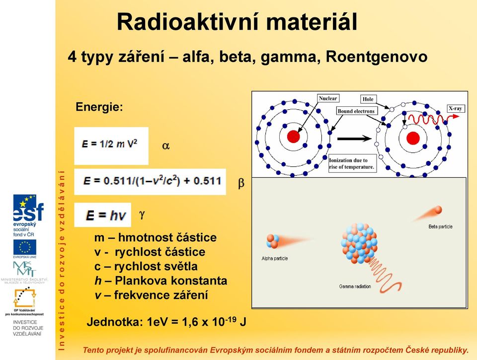 v - rychlost částice c rychlost světla h Plankova