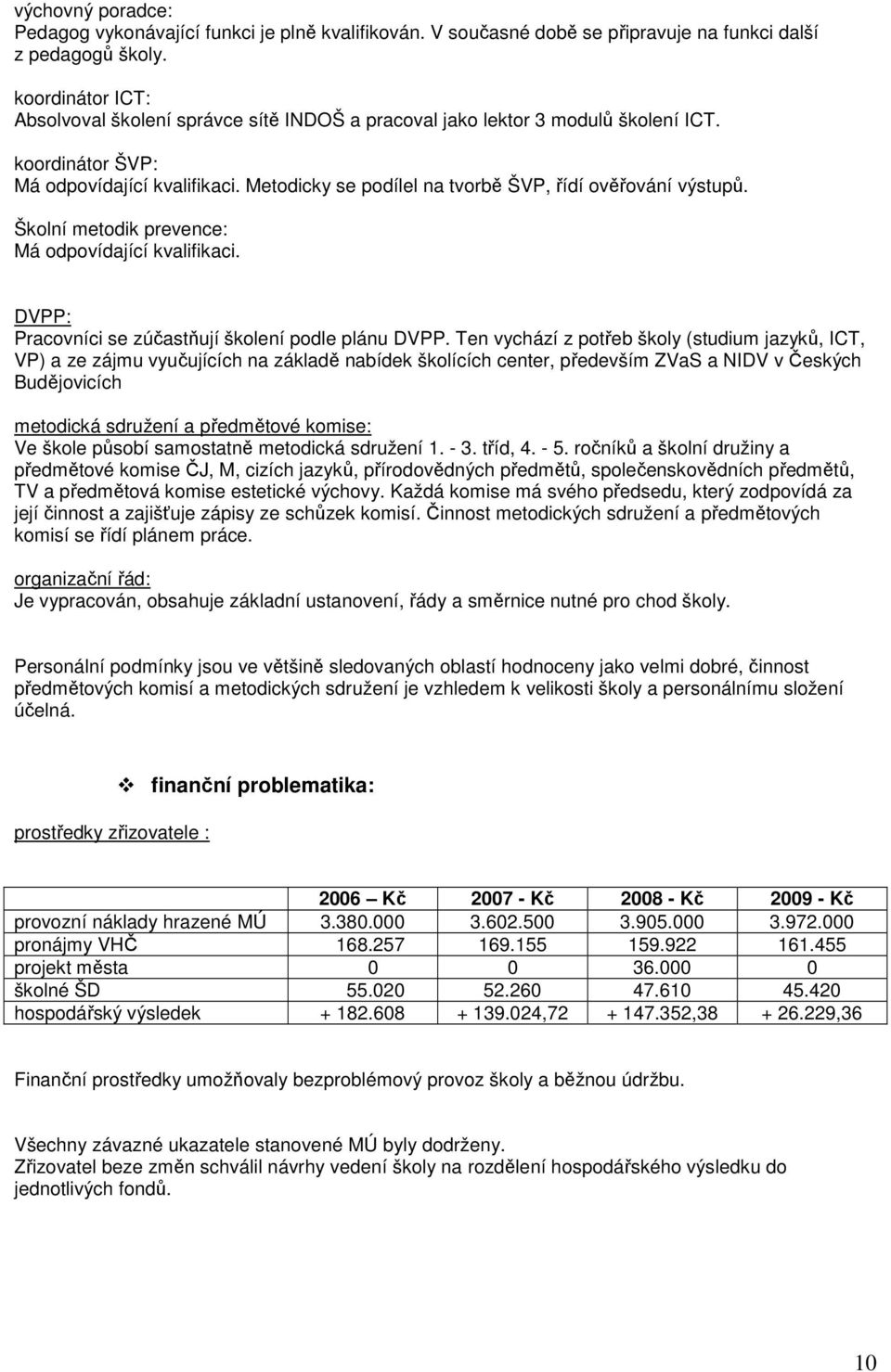 Metodicky se podílel na tvorbě ŠVP, řídí ověřování výstupů. Školní metodik prevence: Má odpovídající kvalifikaci. DVPP: Pracovníci se zúčastňují školení podle plánu DVPP.