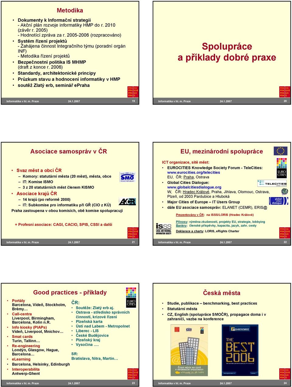 2006) Standardy, architektonické principy Průzkum stavu a hodnocení informatiky v HMP soutěž Zlatý erb, seminář epraha Spolupráce a příklady dobré praxe 24.1.