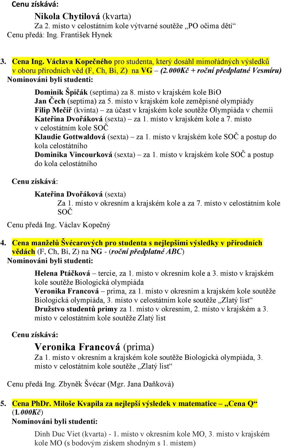 místo v krajském kole BiO Jan Čech (septima) za 5. místo v krajském kole zeměpisné olympiády Filip Mečíř (kvinta) za účast v krajském kole soutěže Olympiáda v chemii Kateřina Dvořáková (sexta) za 1.