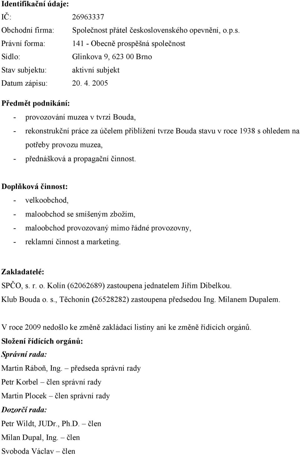 činnost. Doplňková činnost: - velkoobchod, - maloobchod se smíšeným zbožím, - maloobchod provozovaný mimo řádné provozovny, - reklamní činnost a marketing. Zakladatelé: SPČO, s. r. o.