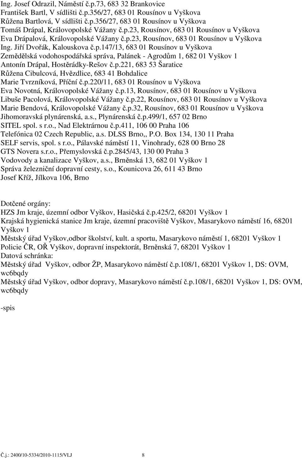 p.221, 683 53 Šaratice Růžena Cibulcová, Hvězdlice, 683 41 Bohdalice Marie Tvrzníková, Příční č.p.220/11, 683 01 Rousínov u Vyškova Eva Novotná, Královopolské Vážany č.p.13, Rousínov, 683 01 Rousínov u Vyškova Libuše Pacolová, Královopolské Vážany č.