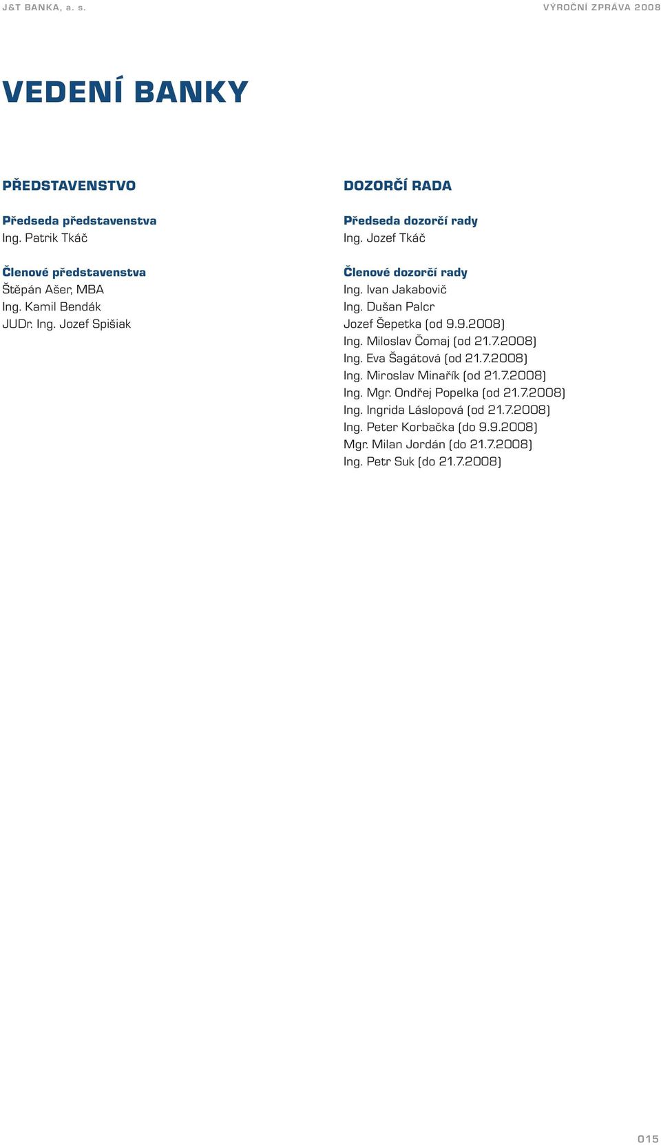 7.2008) Ing. Miroslav Minařík (od 21.7.2008) Ing. Mgr. Ondřej Popelka (od 21.7.2008) Ing. Ingrida Láslopová (od 21.7.2008) Ing. Peter Korbačka (do 9.