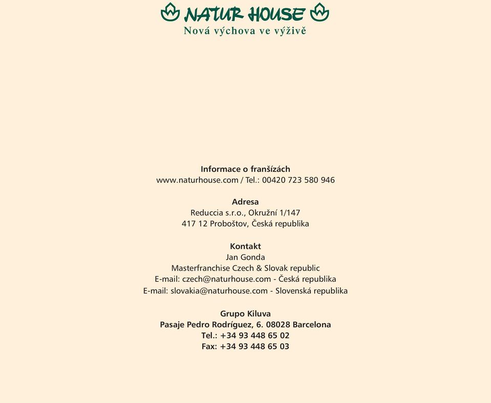 E-mail: czech@naturhouse.com - Česká republika E-mail: slovakia@naturhouse.