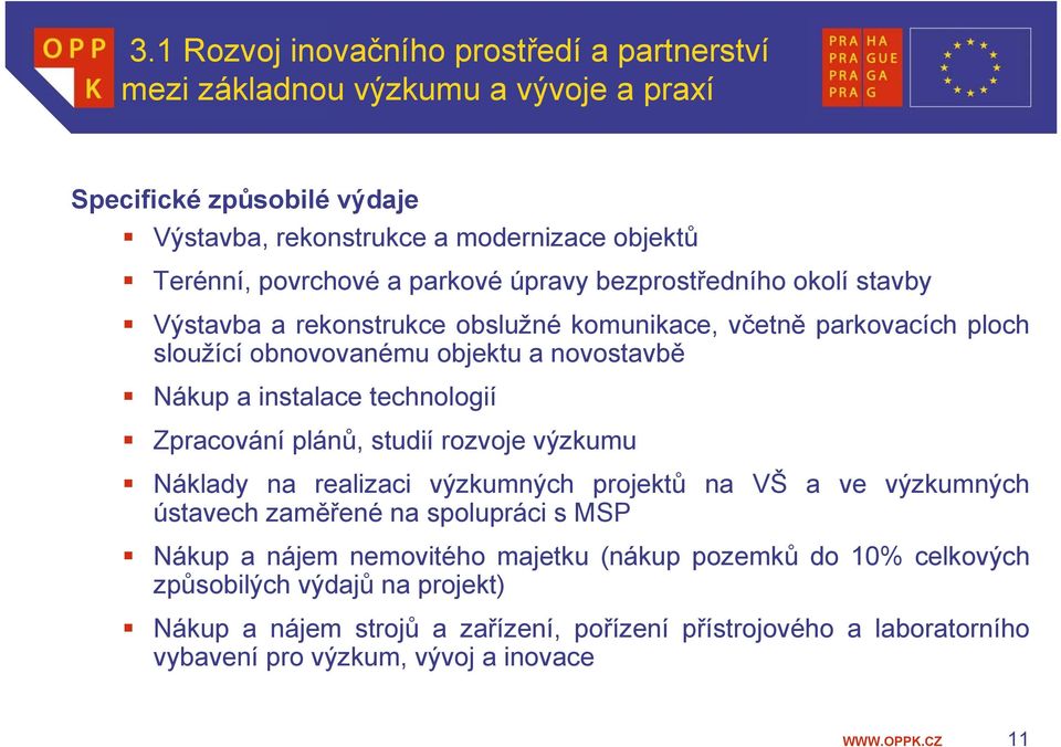 technologií Zpracování plánů, studií rozvoje výzkumu Náklady na realizaci výzkumných projektů na VŠ a ve výzkumných ústavech zaměřené na spolupráci s MSP Nákup a nájem nemovitého